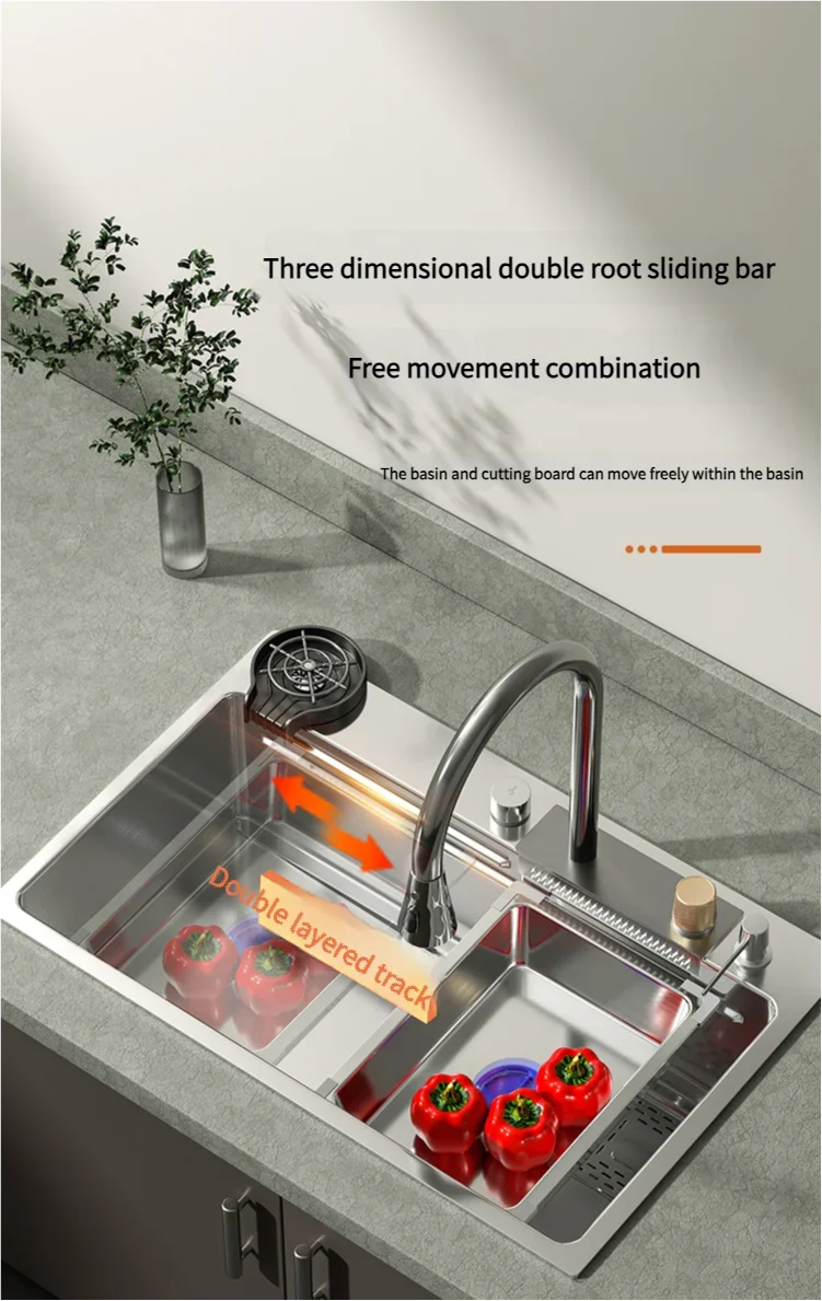 Stainless Steel Multi-Function Kitchen Sink Set Silver Handmade Waterfall Design with Smart Faucet Nano Surface Treatment
