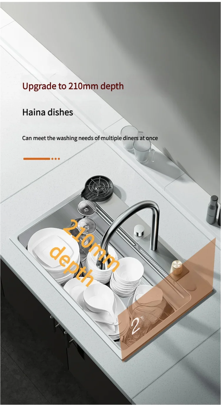 Stainless Steel Multi-Function Kitchen Sink Set Silver Handmade Waterfall Design with Smart Faucet Nano Surface Treatment