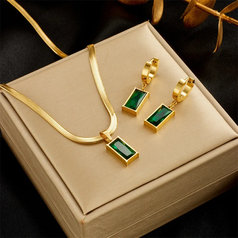 Stainless Steel Square Green Crystal Zircon Necklace Earrings Jewelry Set For Women Gold Color Chain Accessories Wedding Gift