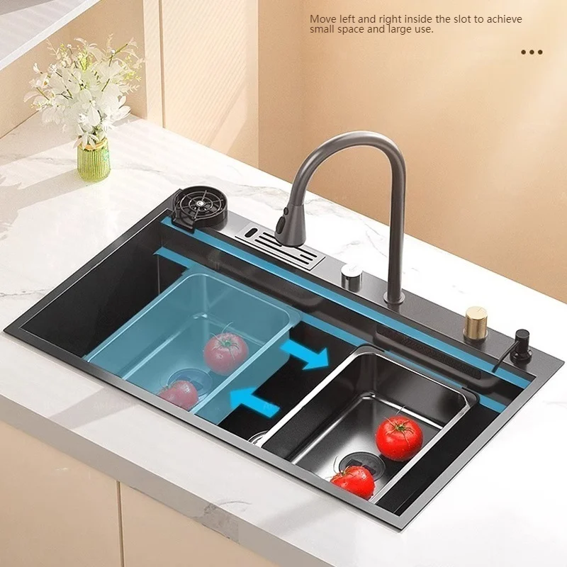 Stainless Steel Waterfall Kitchen Sink Extra Large Single Slot Multifunctional Dishwashing Sinks Undermount Basin Cup washer