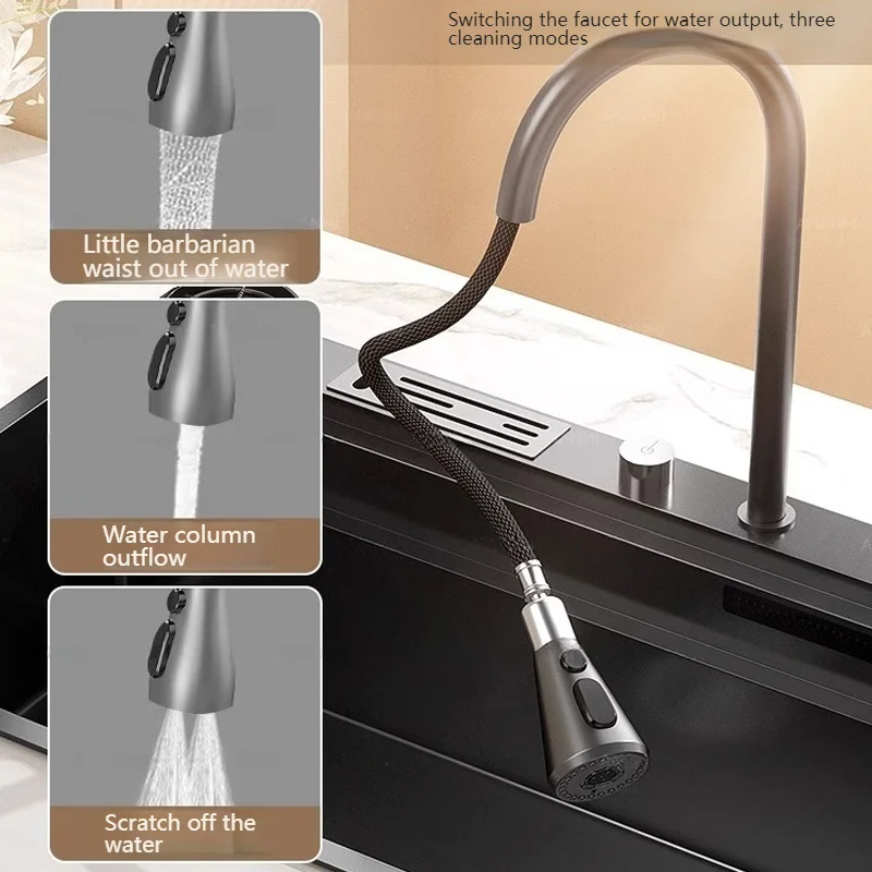 Stainless Steel Waterfall Kitchen Sink Extra Large Single Slot Multifunctional Dishwashing Sinks Undermount Basin Cup washer