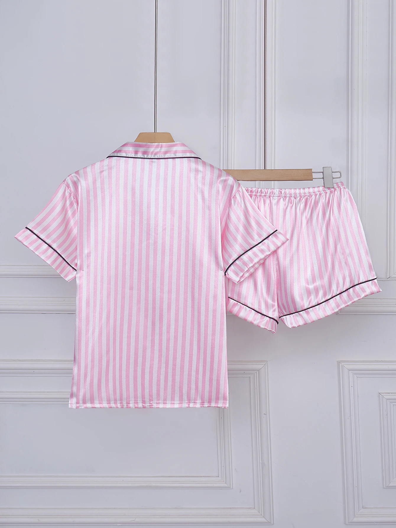 Striped Embroidered Letter Pocket Short Sleeve and Shorts Pajama Set, Casual Satin Sleepwear with Lapel Collar and Button Detail
