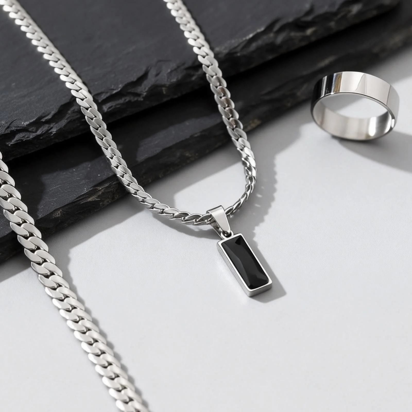 Stylish 3pcs Men's Flat Cuban Chain Jewelry Set,Stainless Steel Geometric Stone Pendent,Hip Hop Jewelry Gifts for Him