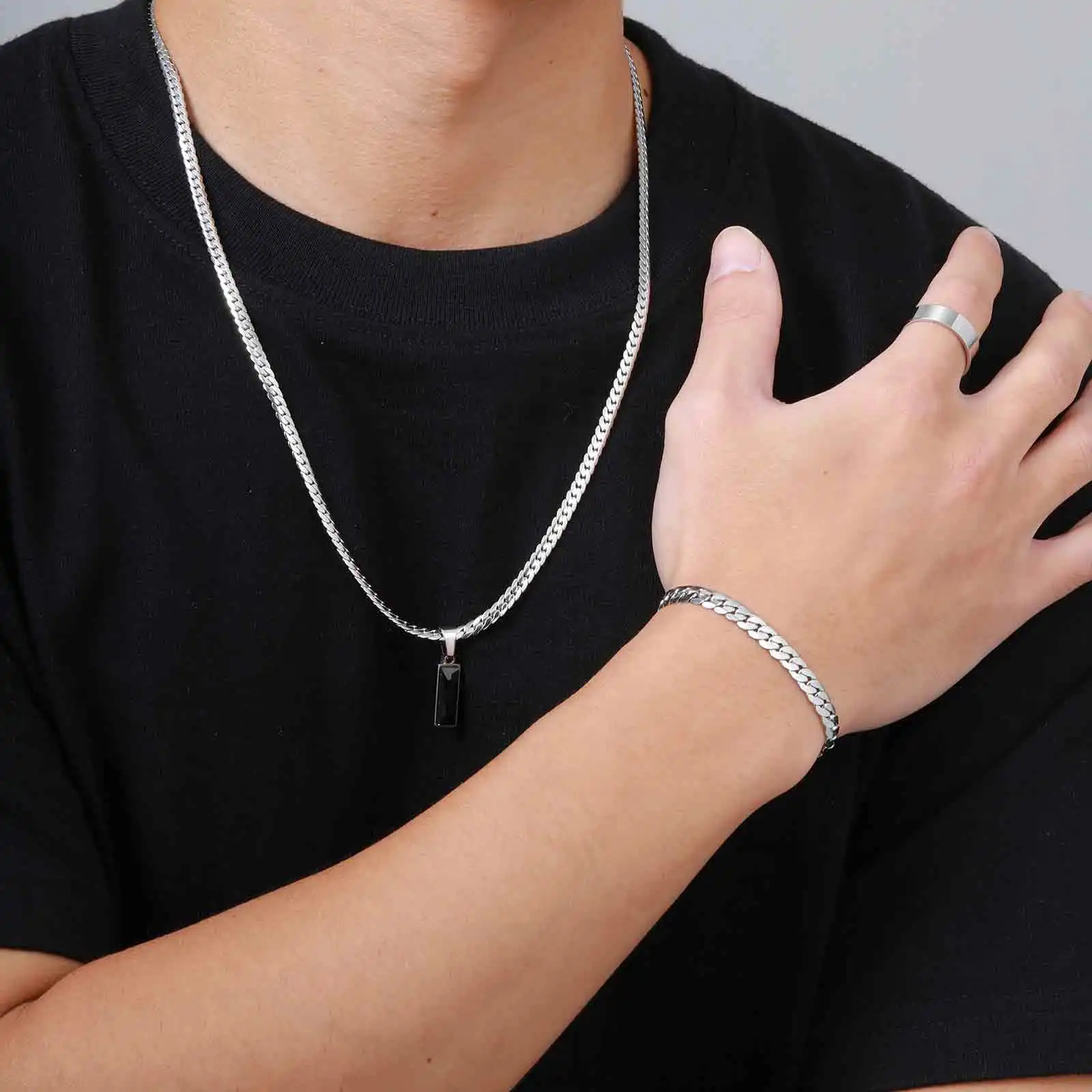 Stylish 3pcs Men's Flat Cuban Chain Jewelry Set,Stainless Steel Geometric Stone Pendent,Hip Hop Jewelry Gifts for Him