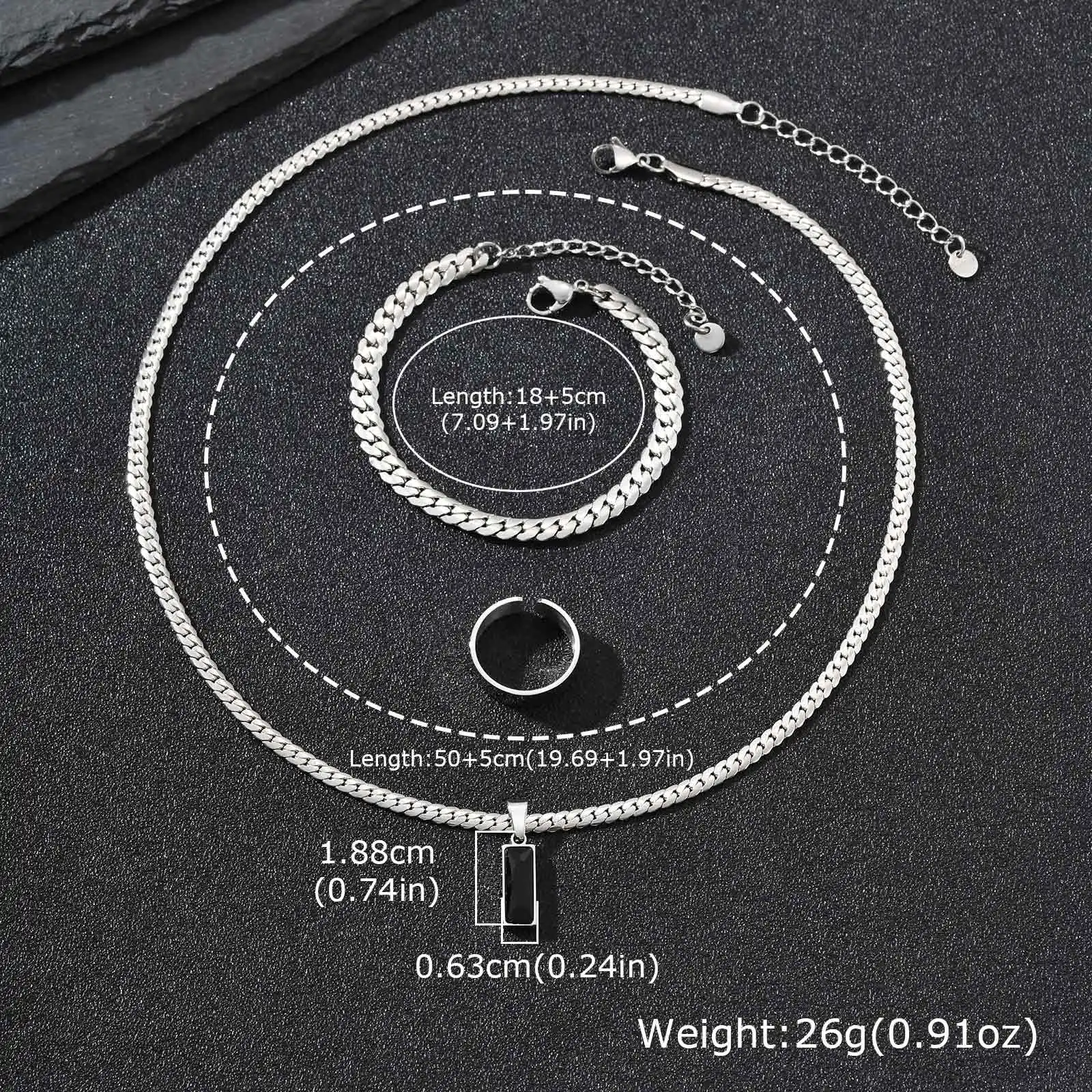 Stylish 3pcs Men's Flat Cuban Chain Jewelry Set,Stainless Steel Geometric Stone Pendent,Hip Hop Jewelry Gifts for Him