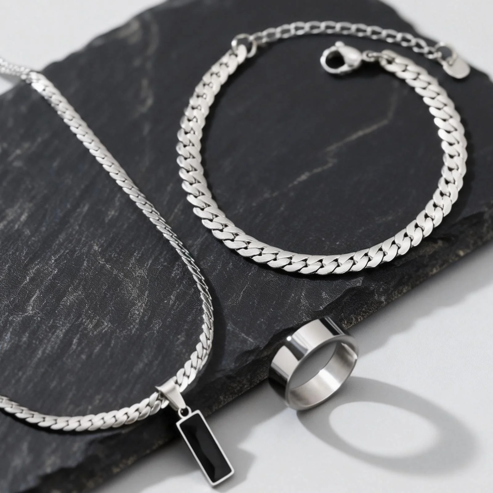 Stylish 3pcs Men's Flat Cuban Chain Jewelry Set,Stainless Steel Geometric Stone Pendent,Hip Hop Jewelry Gifts for Him