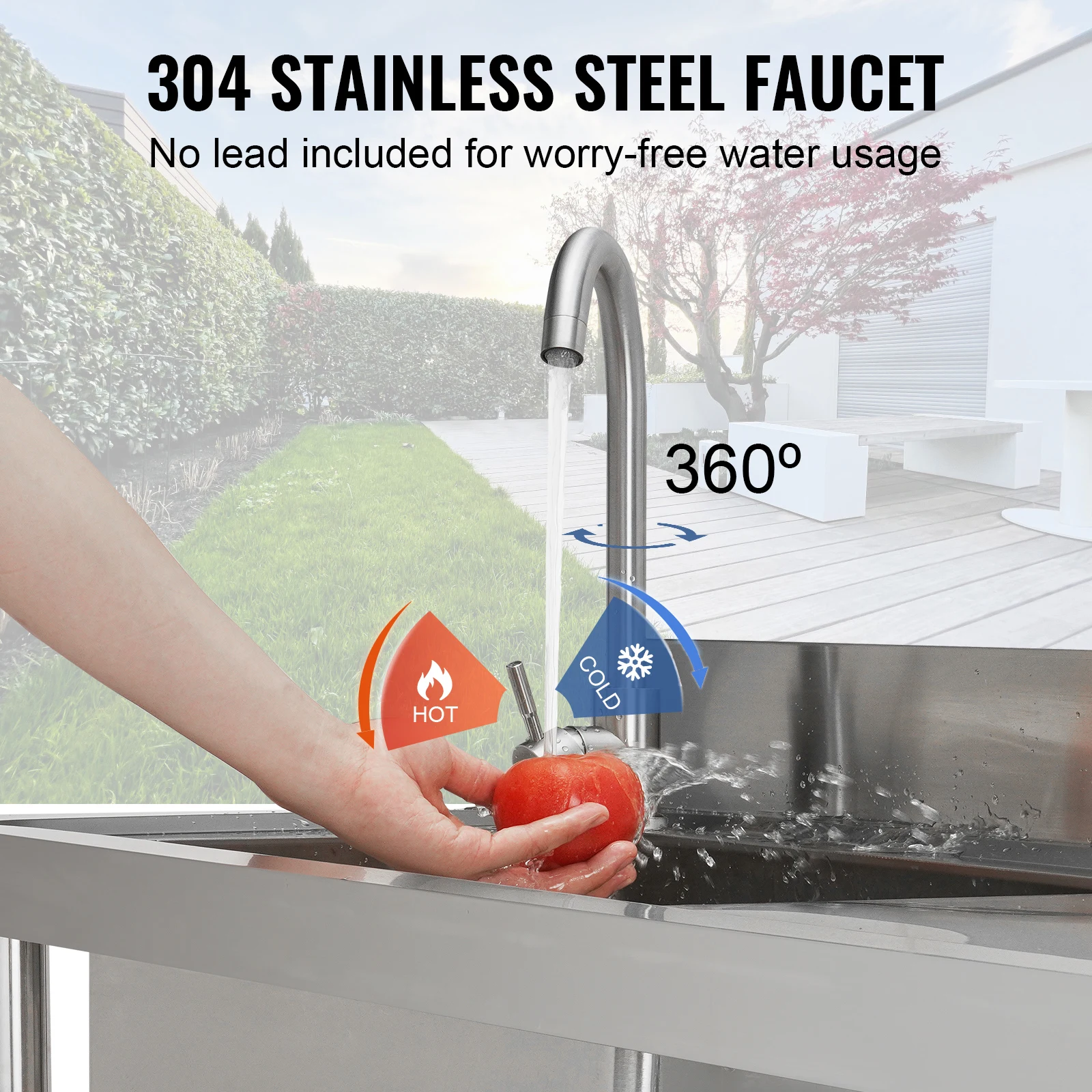 SucceBuy Free Standing Stainless-Steel Single Bowl Commercial Restaurant Kitchen Sink Set w/Faucet & Drainboard Utility Sink
