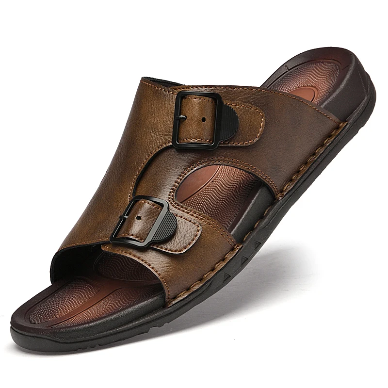 Summer Mens Leather Slippers Men Adjustable Slides Casual Sandals Brown Black Comfortable