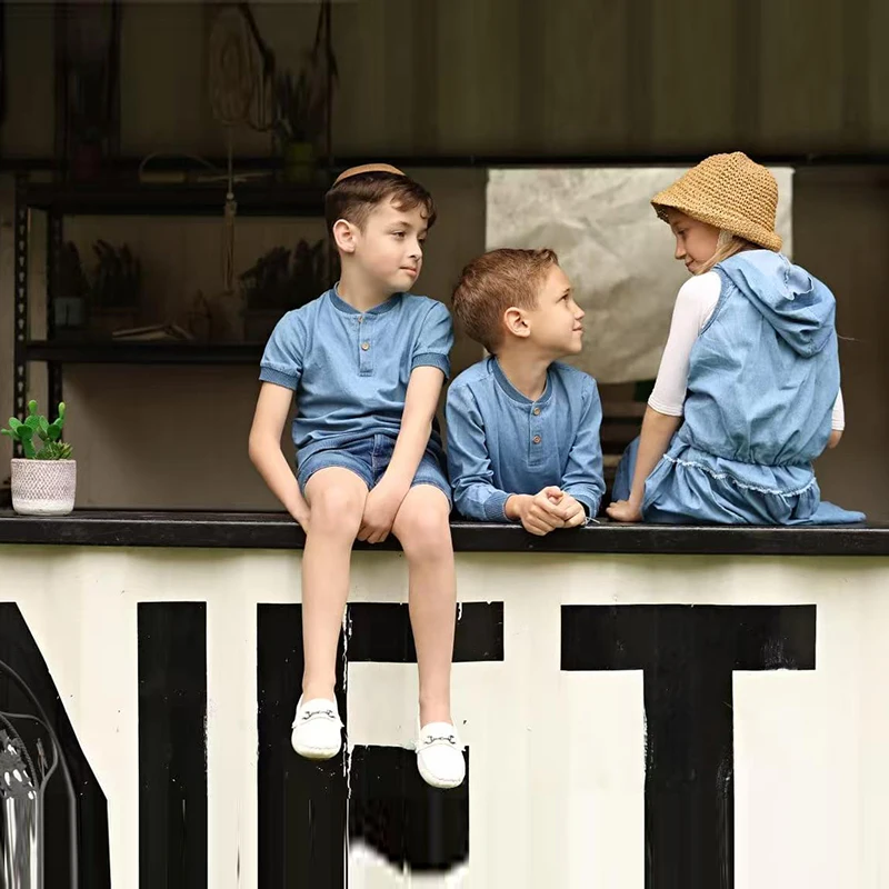 Summer kids clothes denim blue boy and girl dress t-shirt top set baby romper skirt hooded with zipper opening children outfit