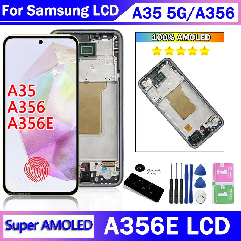 Super AMOLED For Samsung A35 LCD A356B A356E A356U Display With Frame Touch Screen Digitizer For Samsung A35 5G A356 LCD