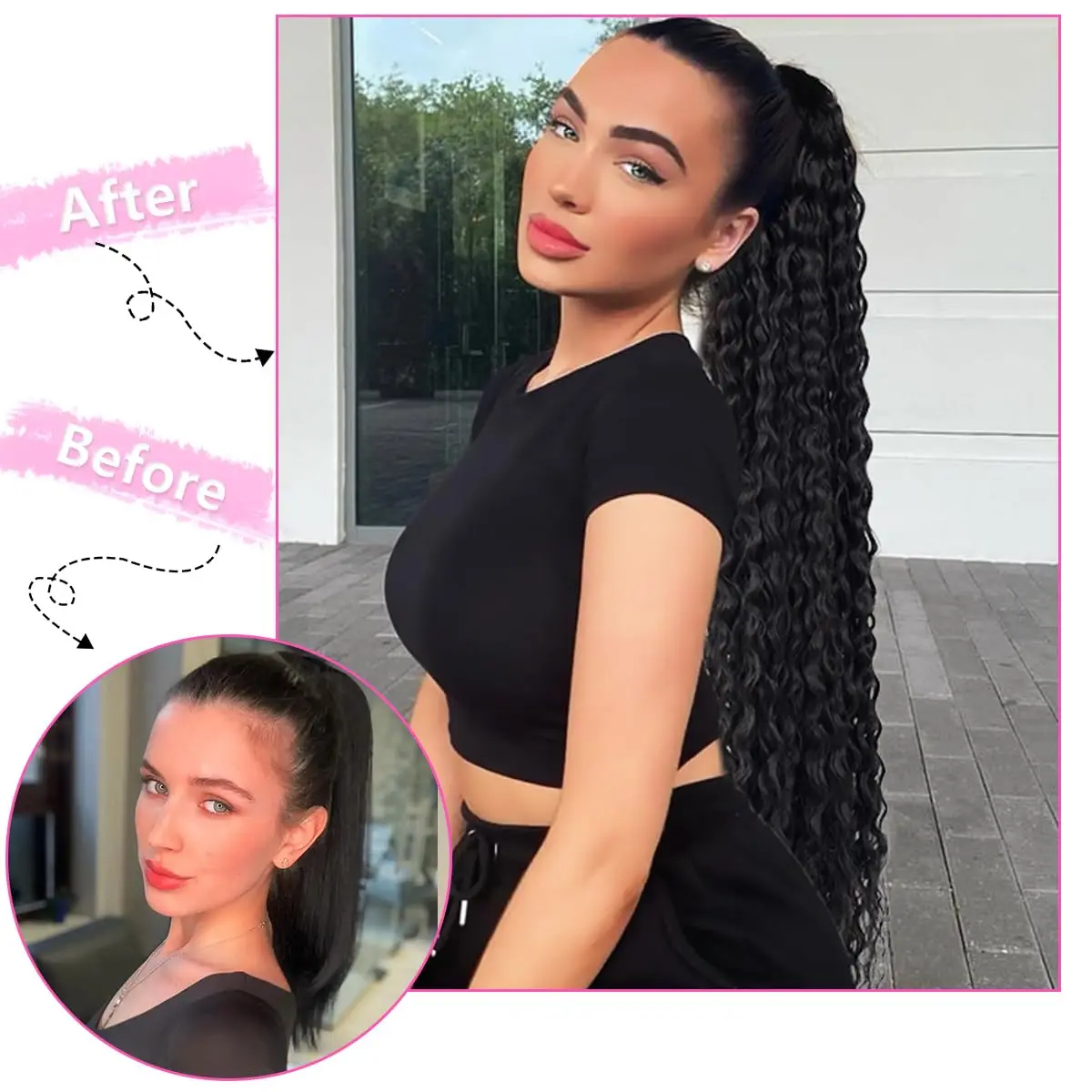 Synthetic Wig 24inch Long Curly Wave Drawstring Ponytail HairPieces Extension Heat Resistant Clip in For Women Girl