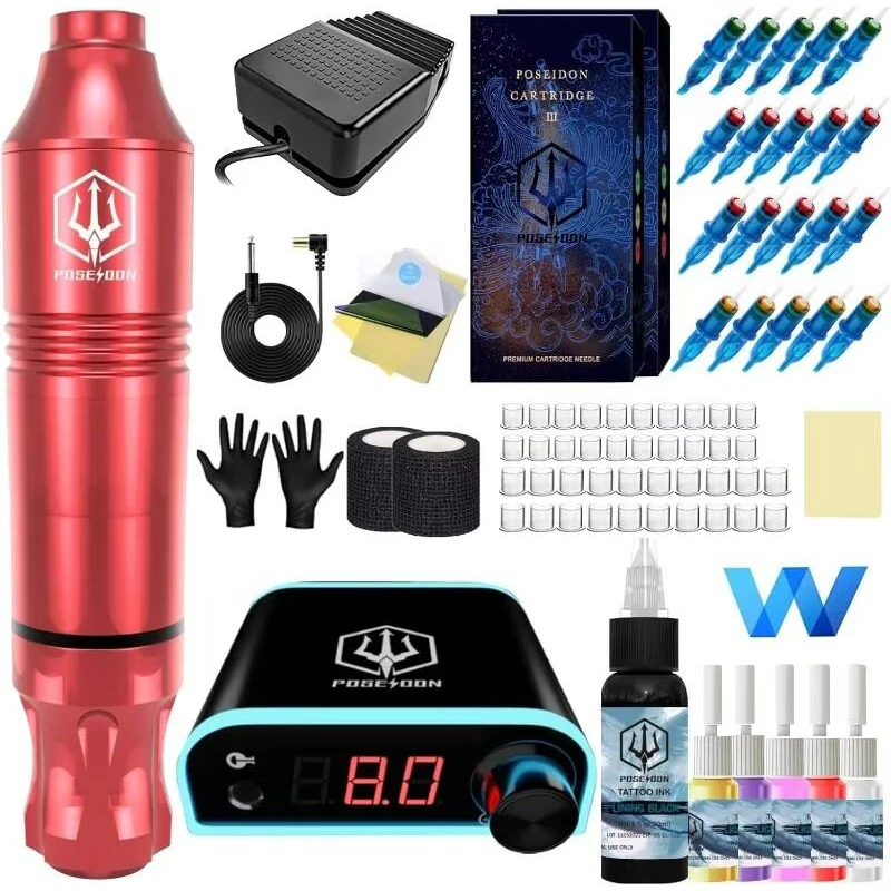 Tattoo Kit POSEIDON Red High Power Tattoo Pen Kit For Permanent Makeup Tattoo Machine Kit Cool Tattoo Power Supply Tattoo Gun Ki