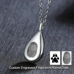 Teardrop Cremation Necklace for Ashes Customized Pet Paw Prints/Fingerprints Stainless Steel Urn Pendant Ashes Holder Memorial