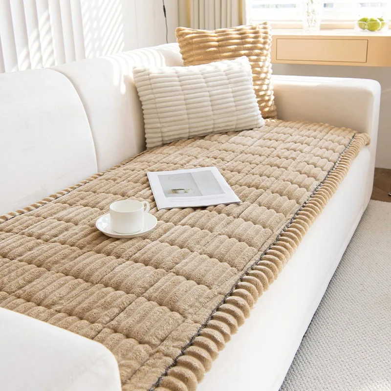 Thicken Quilting Warm Stripe Flannel Sofa Pad, for Winter Living Room Sofa Towel Multiuse Sofa Cover Slipcover