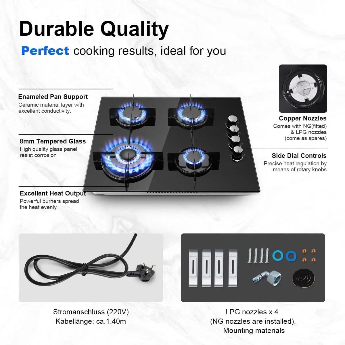 TopStrong 4 Burners NG/LPG Convertible Built-in Black Glass with Wok Burner, Flame Failure Protection, 8000W Gas Hob