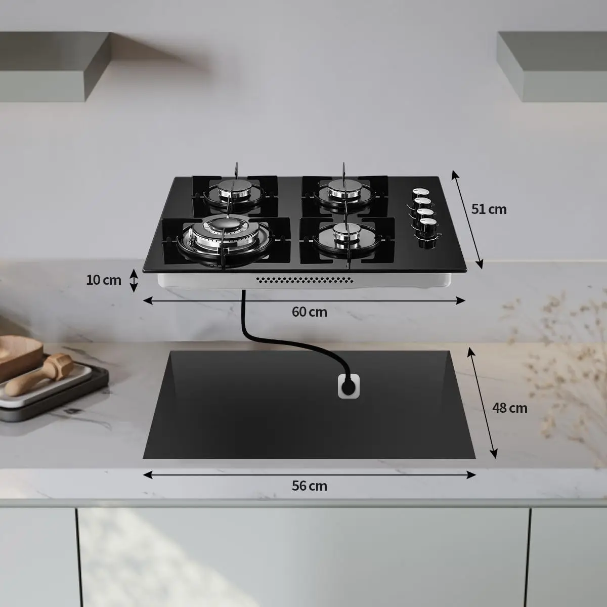 TopStrong 4 Burners NG/LPG Convertible Built-in Black Glass with Wok Burner, Flame Failure Protection, 8000W Gas Hob