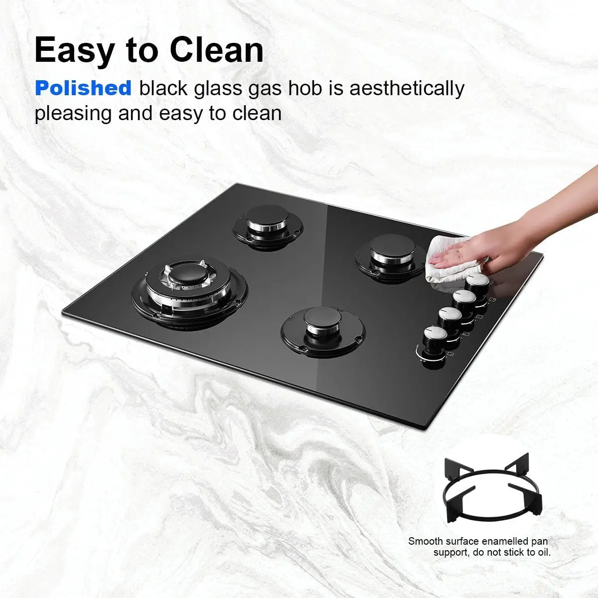 TopStrong 4 Burners NG/LPG Convertible Built-in Black Glass with Wok Burner, Flame Failure Protection, 8000W Gas Hob