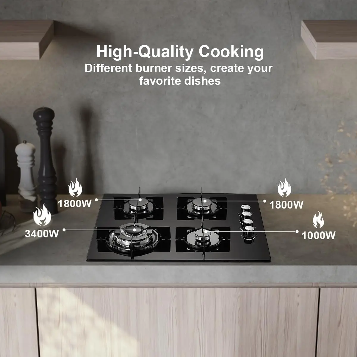 TopStrong 4 Burners NG/LPG Convertible Built-in Black Glass with Wok Burner, Flame Failure Protection, 8000W Gas Hob