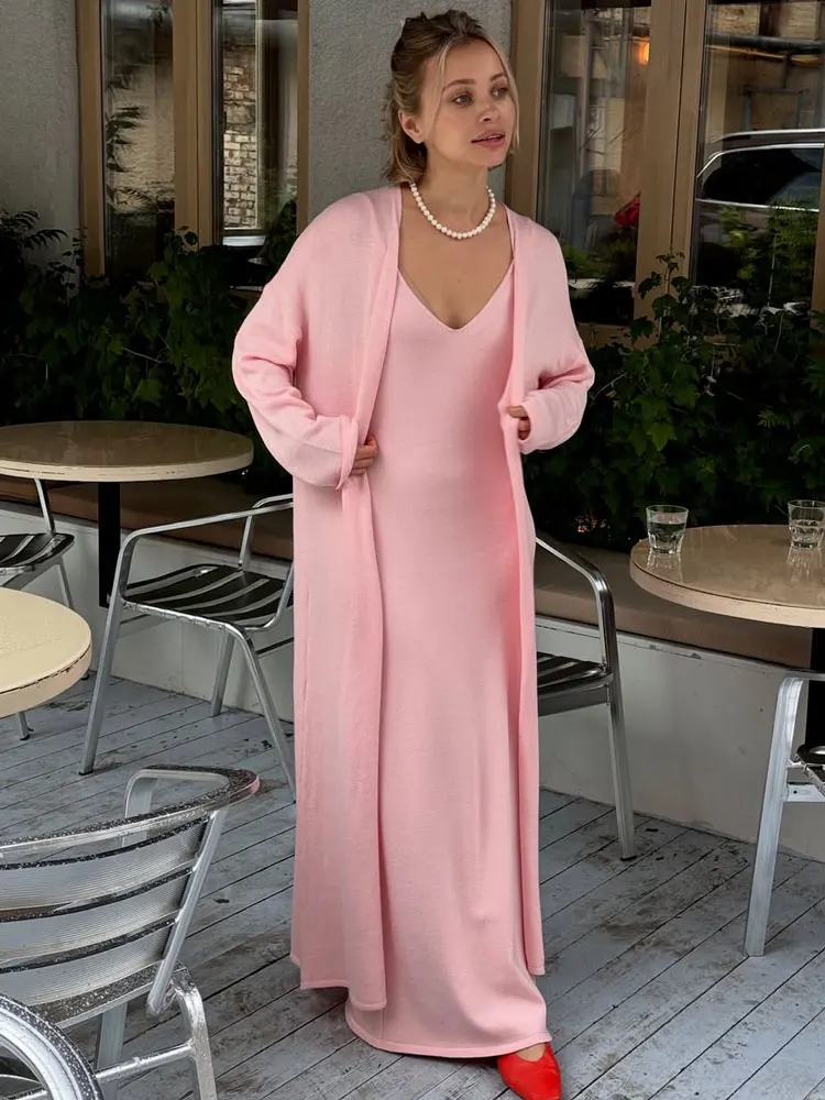 Tossy Knitwear Fashion Long Dress Outfits Women's Loose Cover up V-Neck Ribbed 2 Piece-Set Party Looks Female Knit Dress Sets