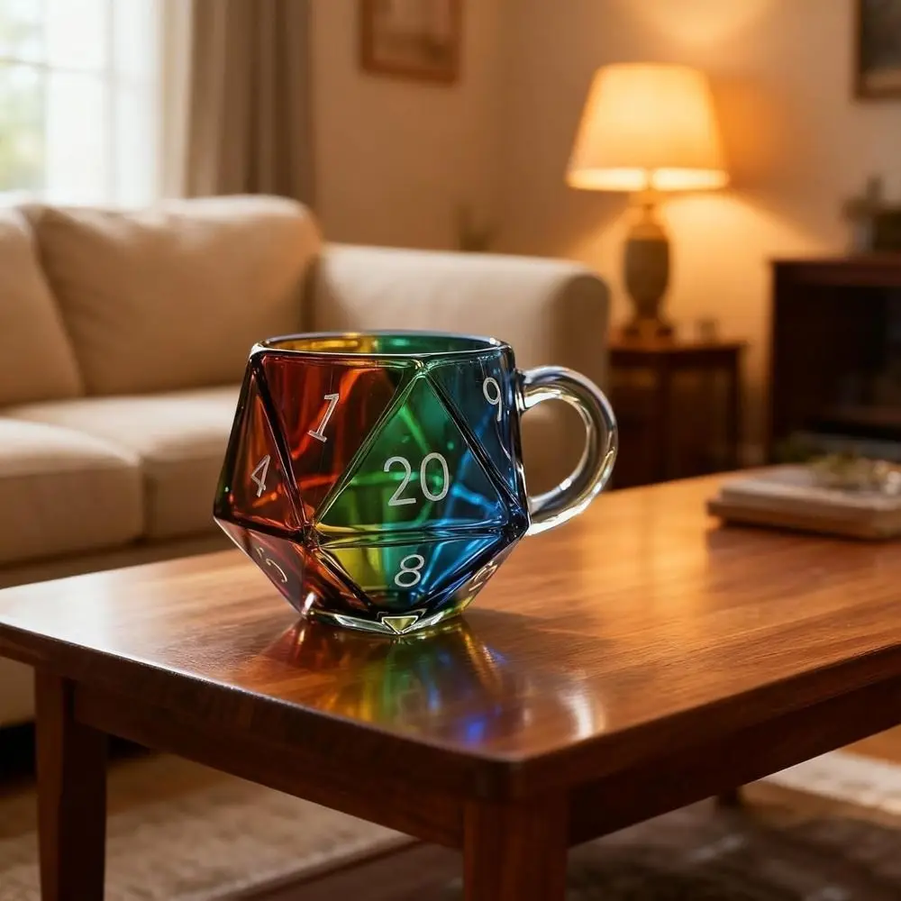 Transparent Glass Rainbow D20 Dice Mug with Handle Fantasy Themed Polyhedral Dice Coffee Cup Game Mug for RPG Lovers