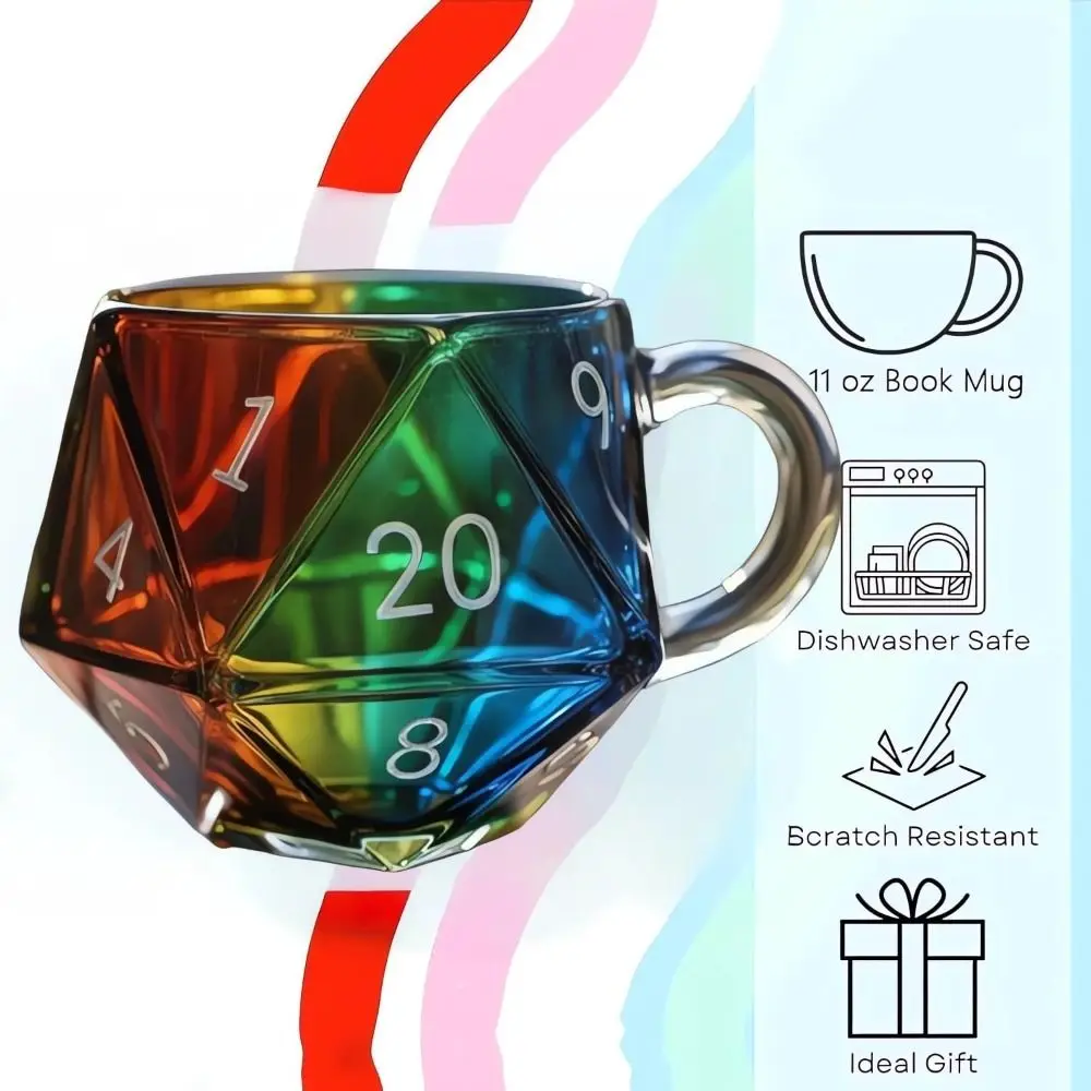 Transparent Glass Rainbow D20 Dice Mug with Handle Fantasy Themed Polyhedral Dice Coffee Cup Game Mug for RPG Lovers