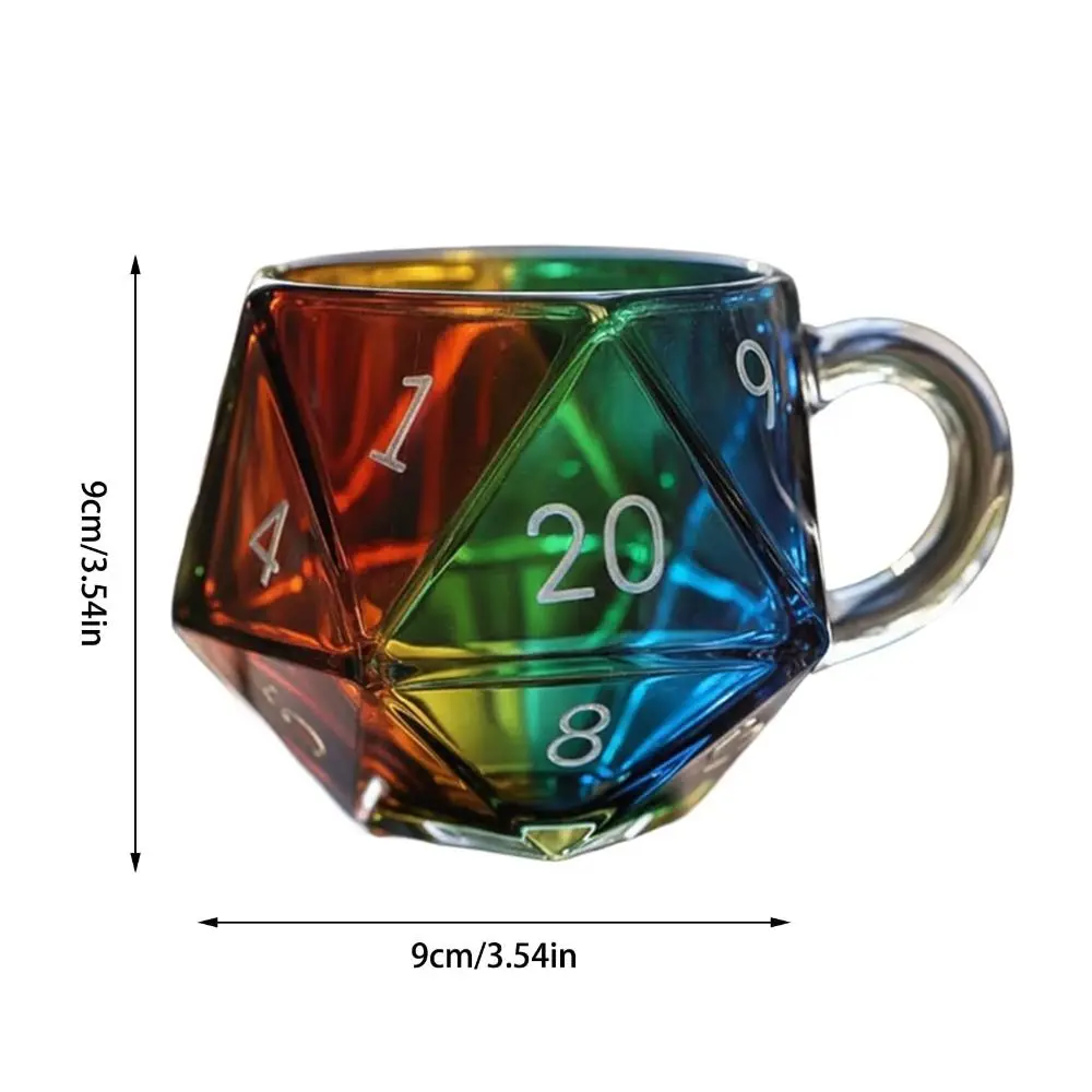 Transparent Glass Rainbow D20 Dice Mug with Handle Fantasy Themed Polyhedral Dice Coffee Cup Game Mug for RPG Lovers