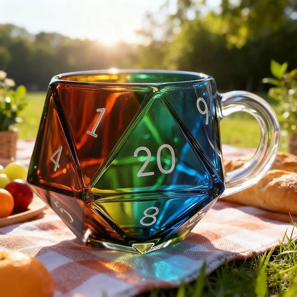 Transparent Glass Rainbow D20 Dice Mug with Handle Fantasy Themed Polyhedral Dice Coffee Cup Game Mug for RPG Lovers