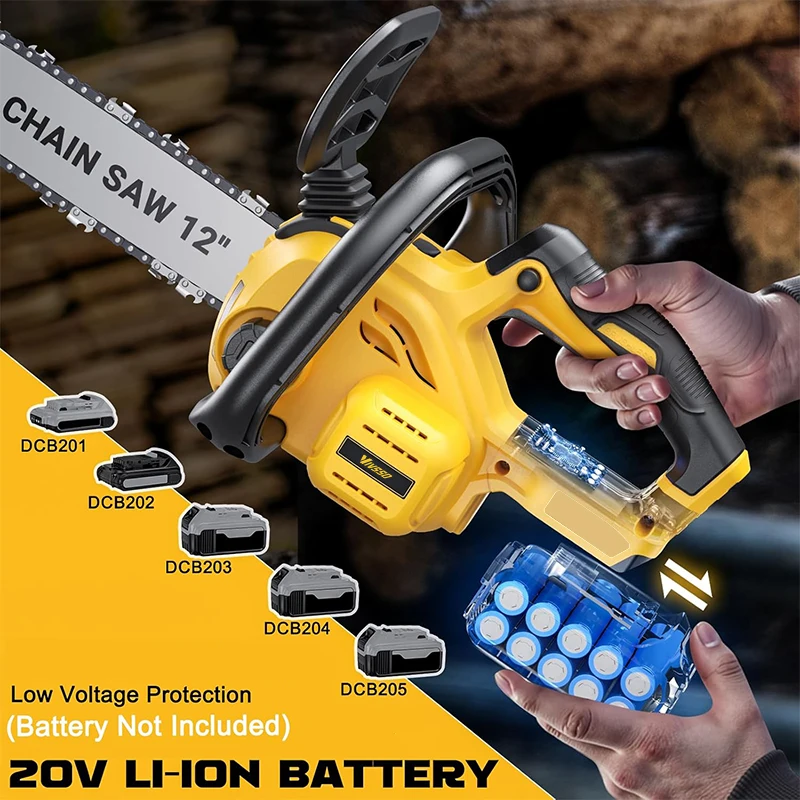 VIVSSO 12Inch Electric Chain Saw 1200W Handheld Woodworking Chain Saw Graden Pruning Tools For Dewalt 20V Battery Pins