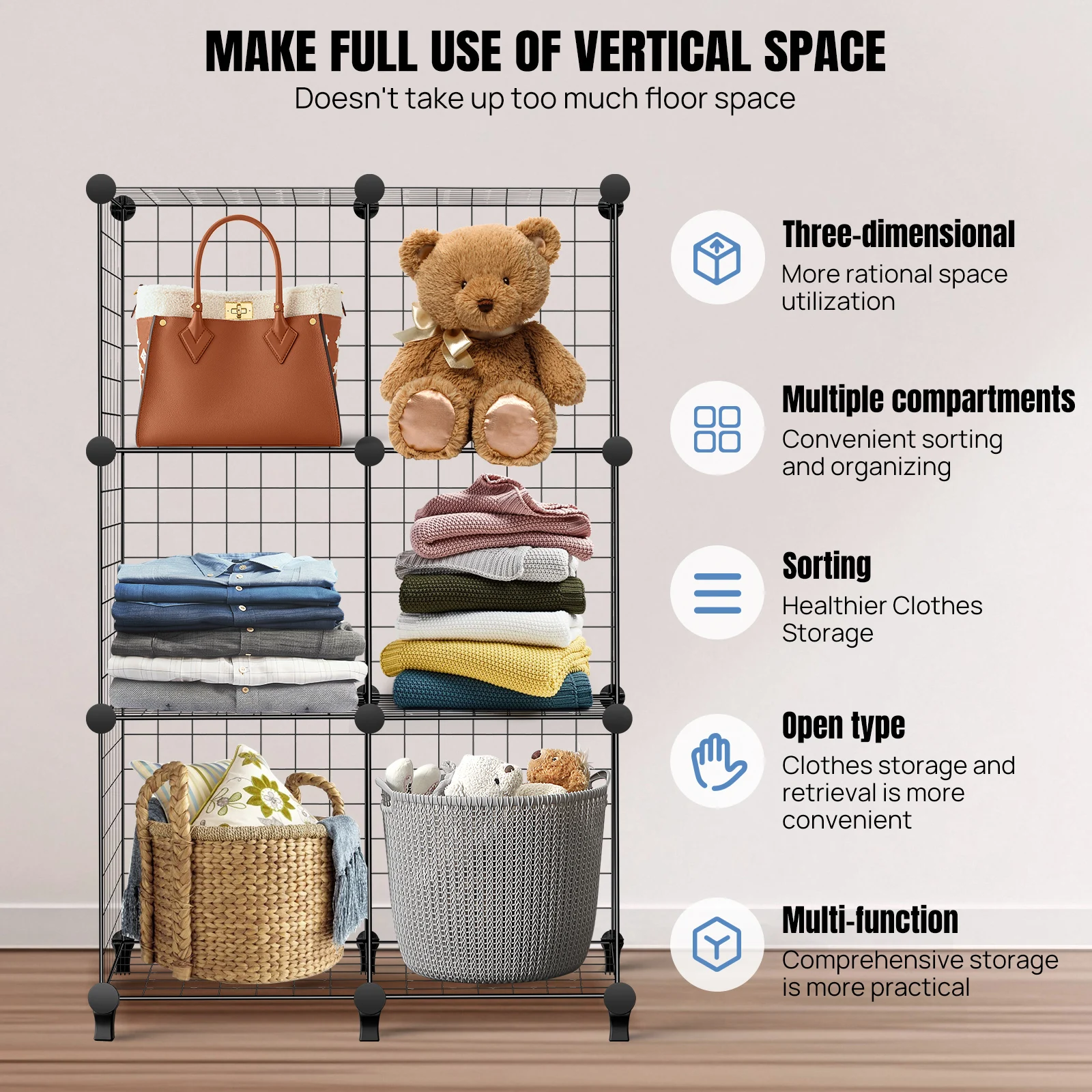 VickyHome 6/12 Cubes Wire Metal Grid Stackable Storage Shelves Multifunctional DIY Bookshelf and Shelving Unit for Home Office