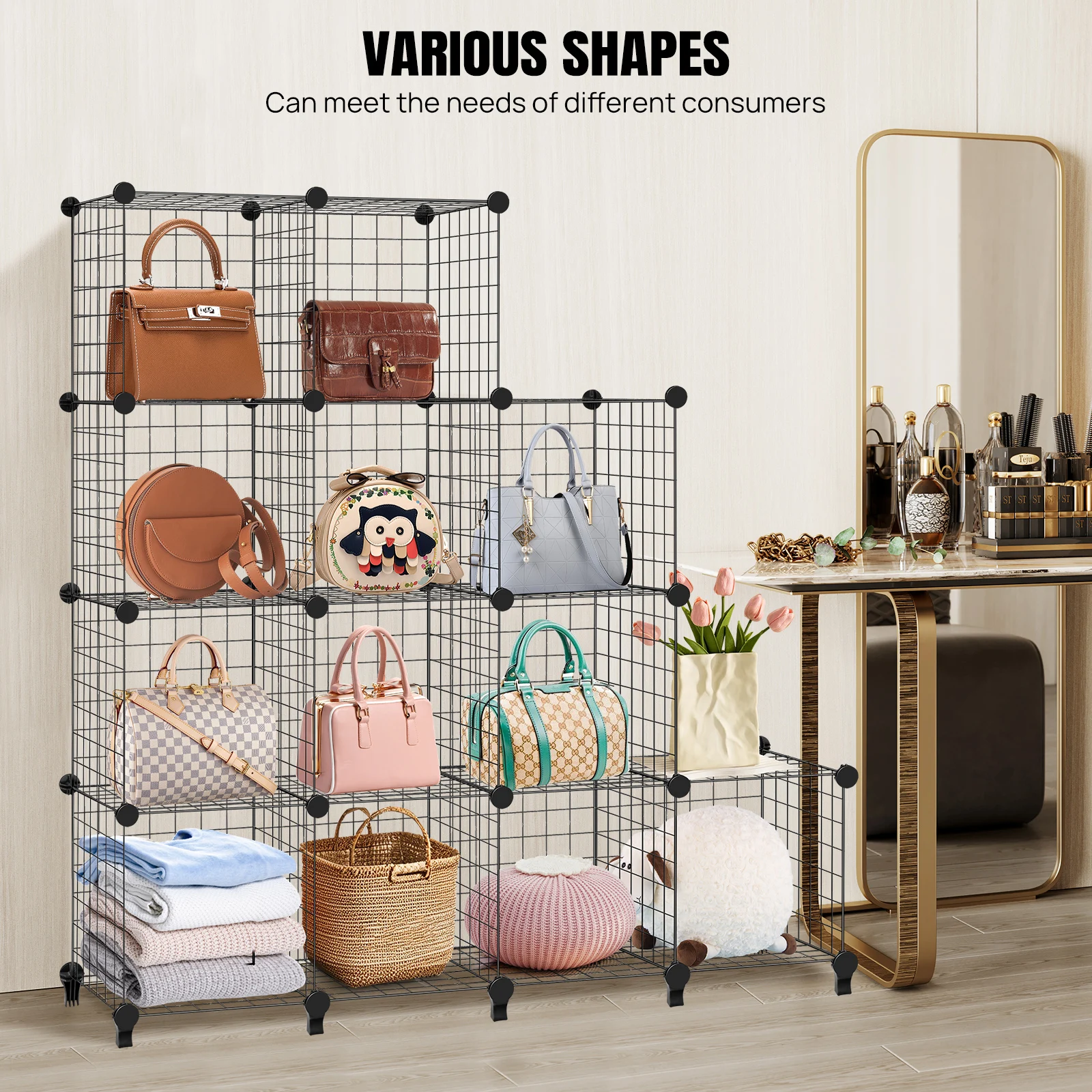 VickyHome 6/12 Cubes Wire Metal Grid Stackable Storage Shelves Multifunctional DIY Bookshelf and Shelving Unit for Home Office