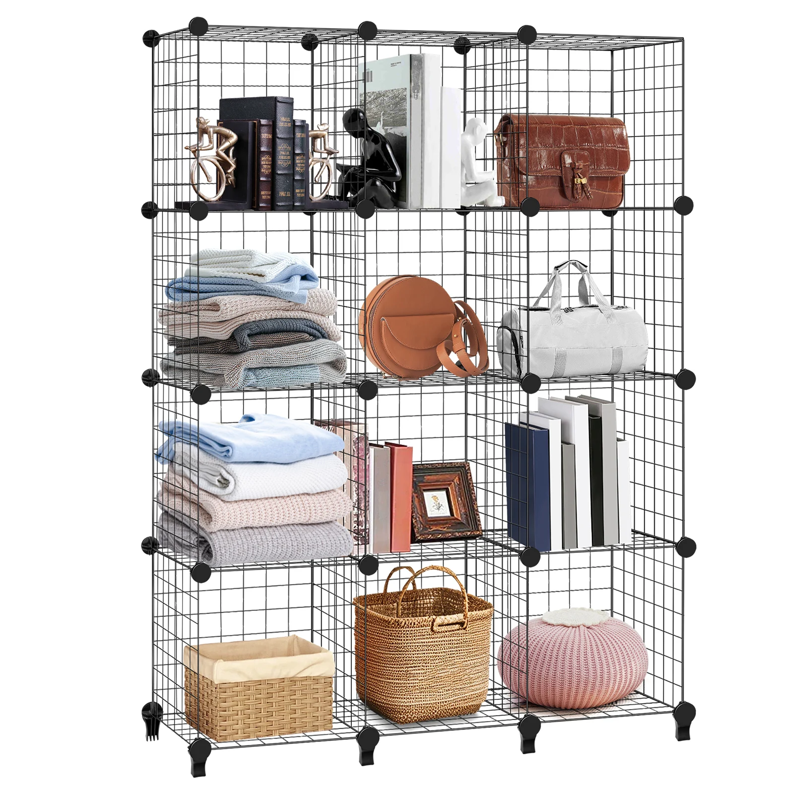 VickyHome 6/12 Cubes Wire Metal Grid Stackable Storage Shelves Multifunctional DIY Bookshelf and Shelving Unit for Home Office