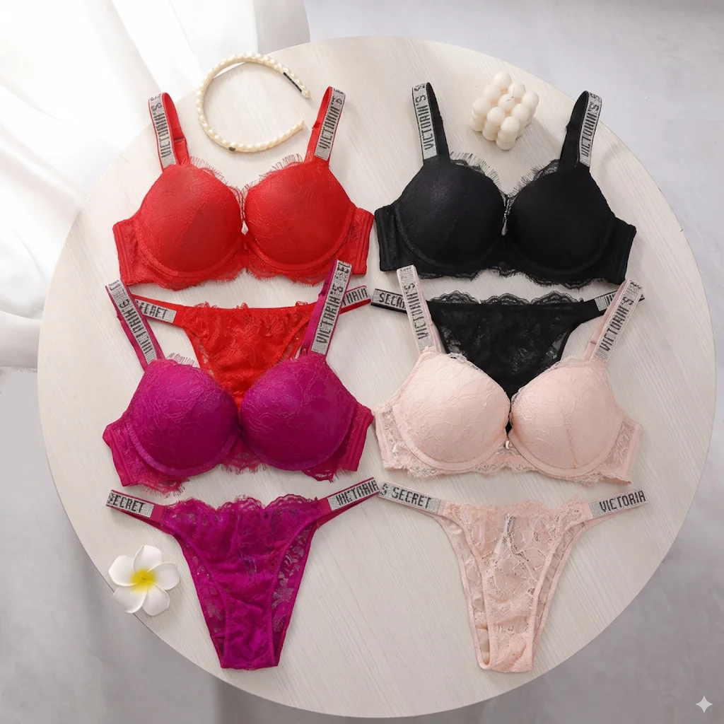 Victoria's Secret Classic Women's Lingerie Set Sexy Lace Trim Pattern Breathable Gathered Padded New Soft Bra and Panty Set