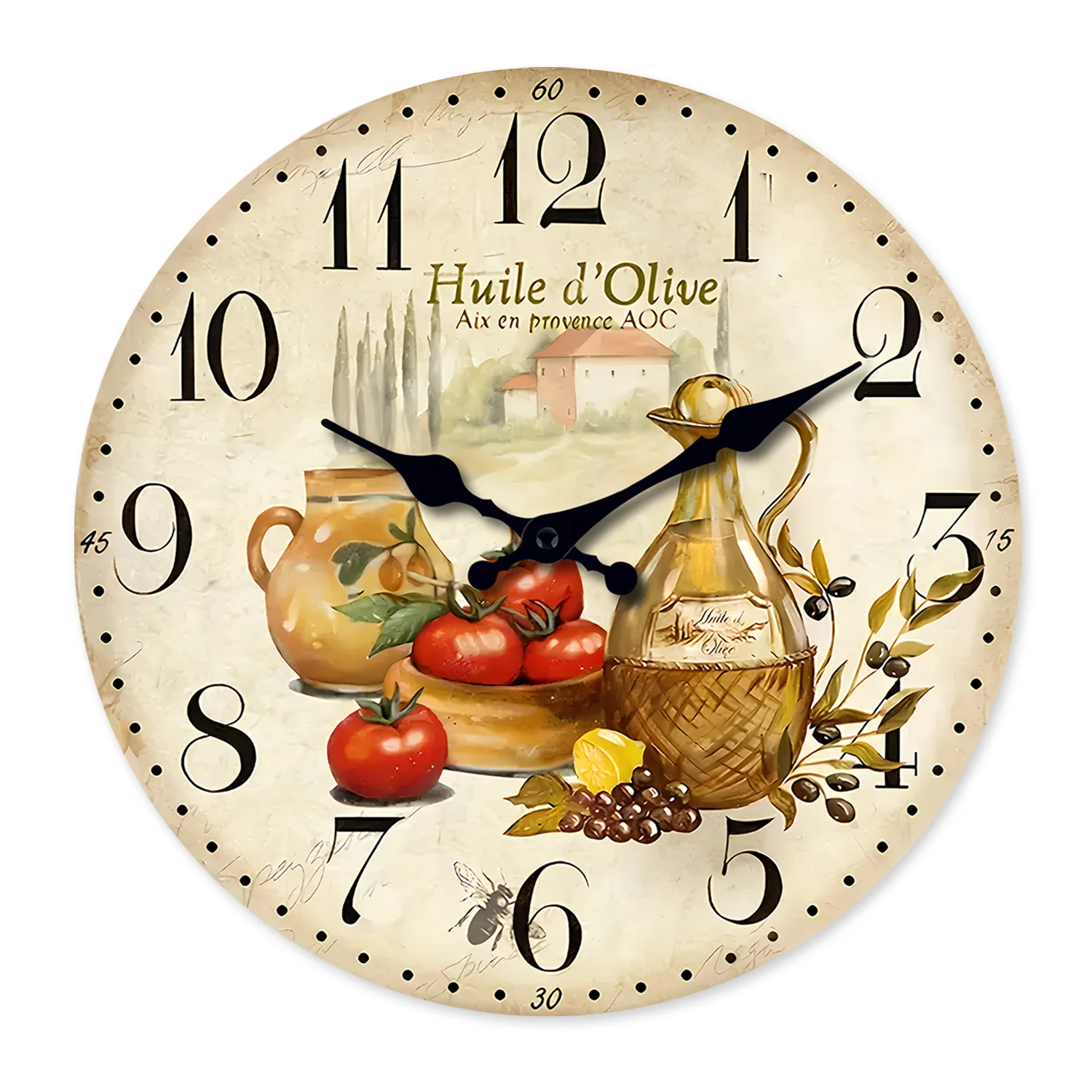 Vintage Provence Olive Oil and Tomato Pattern Wooden Wall Clock Living Room Bedroom Kitchen Home Decor Silent Quartz Clock Holiday Gift 10-Inch 12-Inch 14inch 16inch (No Battery)