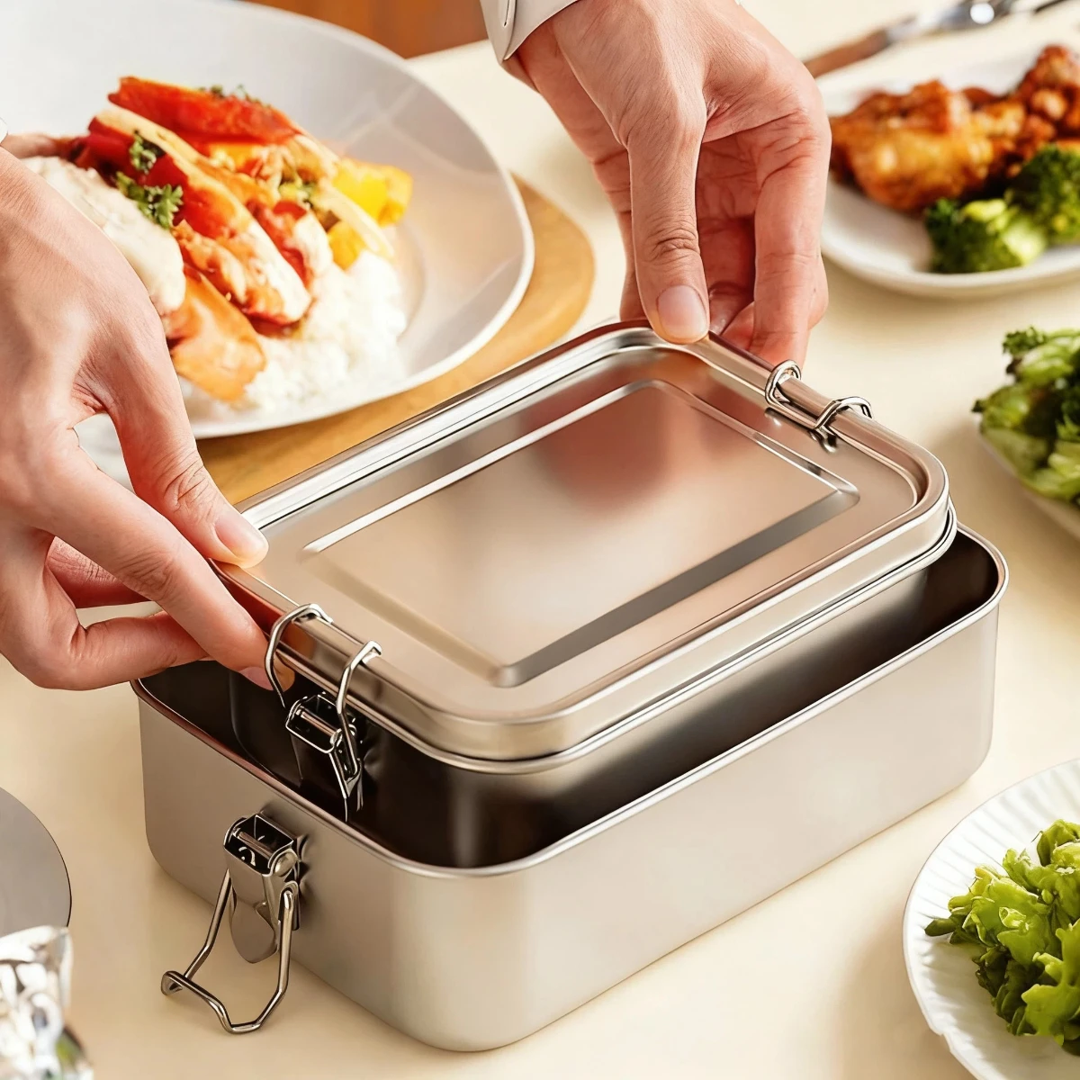 WORTHBUY 304 Stainless Steel Bento Box Portable Metal Lunch Box For Kids Adult Sealed Food Storage Containers With Lockable Clip