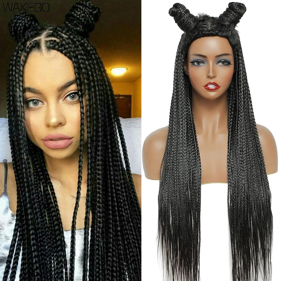 Wakego Box Braided Wigs for Black Women 26" Long Braids Wigs Fake Scalp Synthetic Heat Resistant Fiber Micro Braid Wig Daily Use