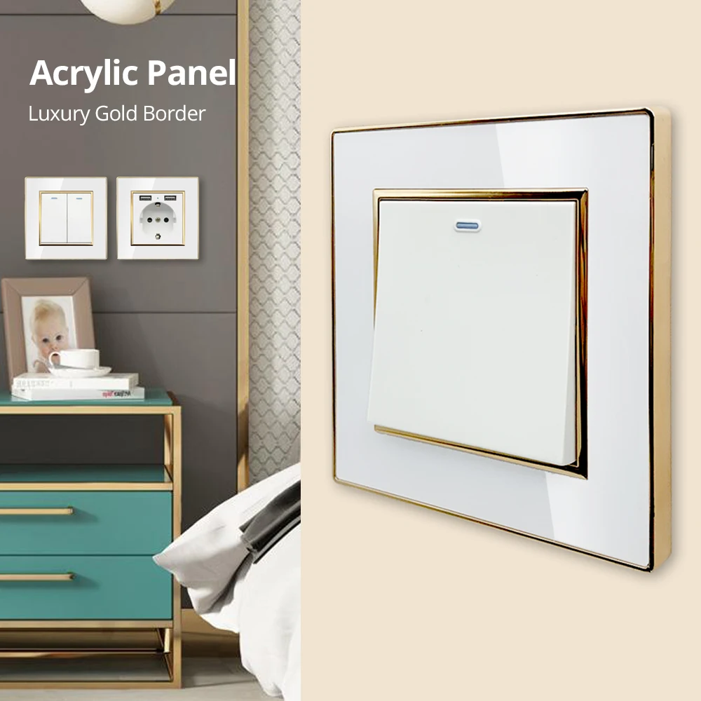 Wallpad US UK Sockets And Switches 220V White Acrylic Panel With Gold Edge USB Charge Port Outlet 1 2 3 4 Gang 2 Way Reset 3 Way