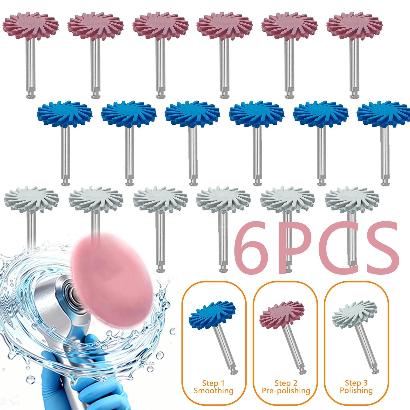 WellCK 6pcs/Set Dental Rubber Polisher Composite Resin Polishing Diamond System RA Disc Kit 14mm Wheel Spiral Flex Brush Burs