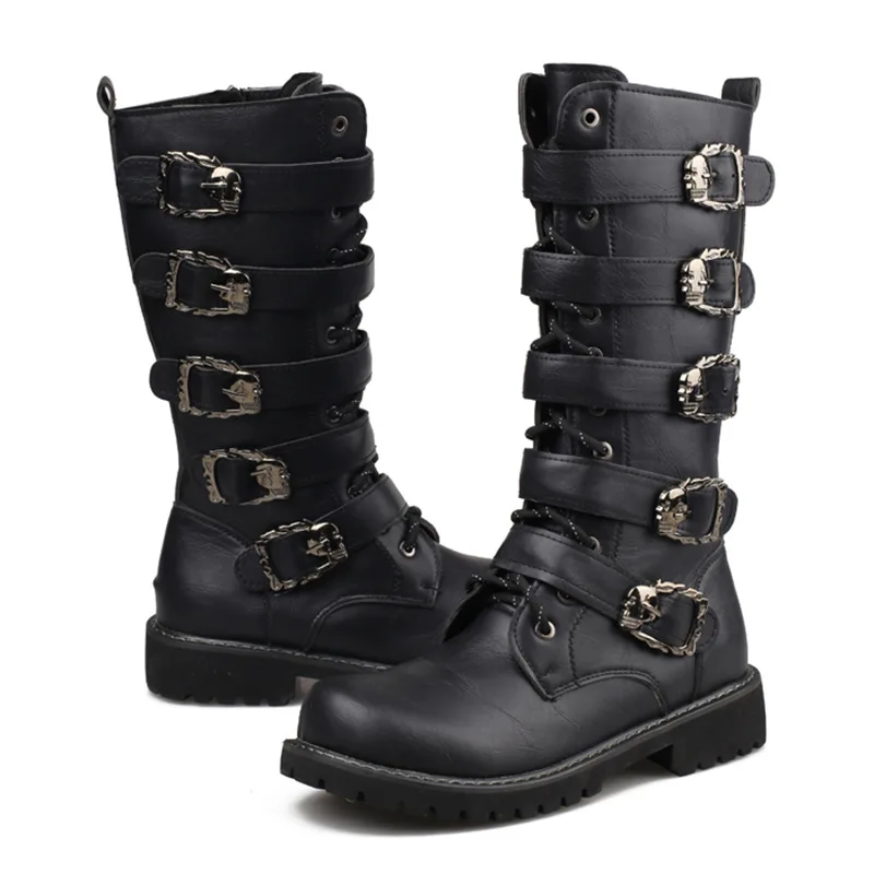 Winter Men's Leather Motorcycle Boots Punk Chain Mid-calf Platform Gothic Combat Boots for Men Biker Boots Men 2024