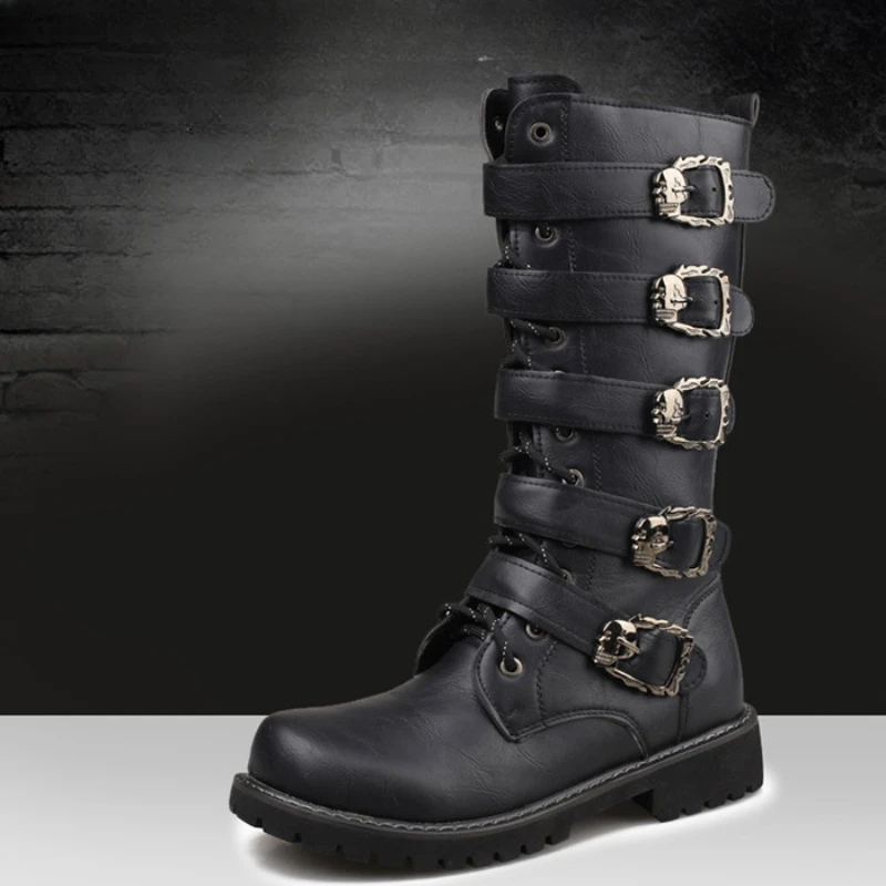 Winter Men's Leather Motorcycle Boots Punk Chain Mid-calf Platform Gothic Combat Boots for Men Biker Boots Men 2024