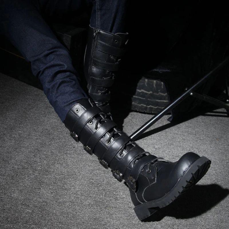 Winter Men's Leather Motorcycle Boots Punk Chain Mid-calf Platform Gothic Combat Boots for Men Biker Boots Men 2024