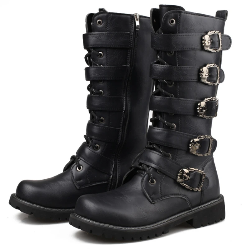 Winter Men's Leather Motorcycle Boots Punk Chain Mid-calf Platform Gothic Combat Boots for Men Biker Boots Men 2024