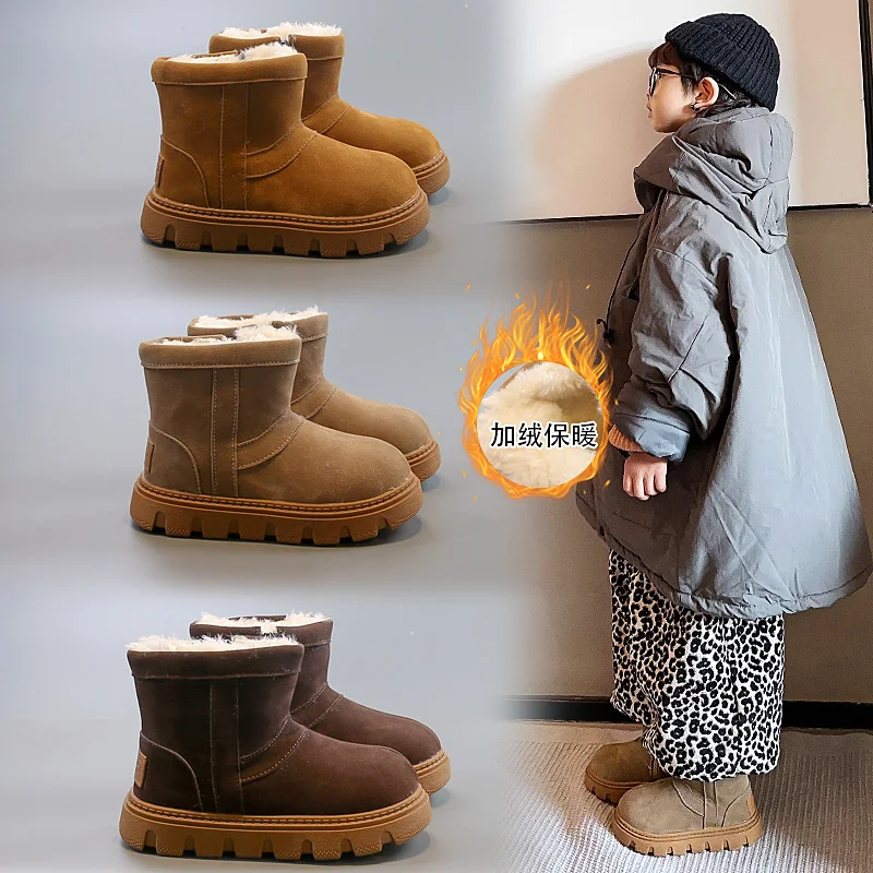 Winter new children's snow boots, boys' warm and thick short boots, solid color girls' velvet and anti slip cotton shoes