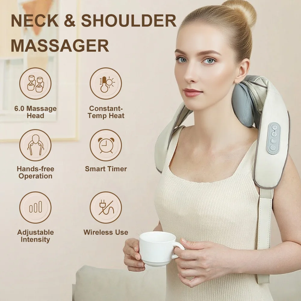 Wireless Neck Shoulder Massager with Heat 3D Kneading Shiatsu for Cervical Spine Hot Compress Vibration Portable for Home/Car