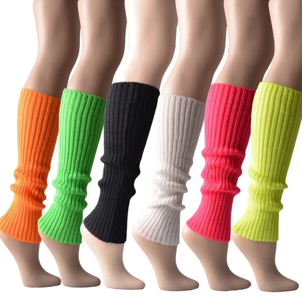 Women 80s Neon Colored Knit Leg Warmers Ribbed Bright Footless Socks Punk Black Knee High Gothic Hip-hop Rock Sock