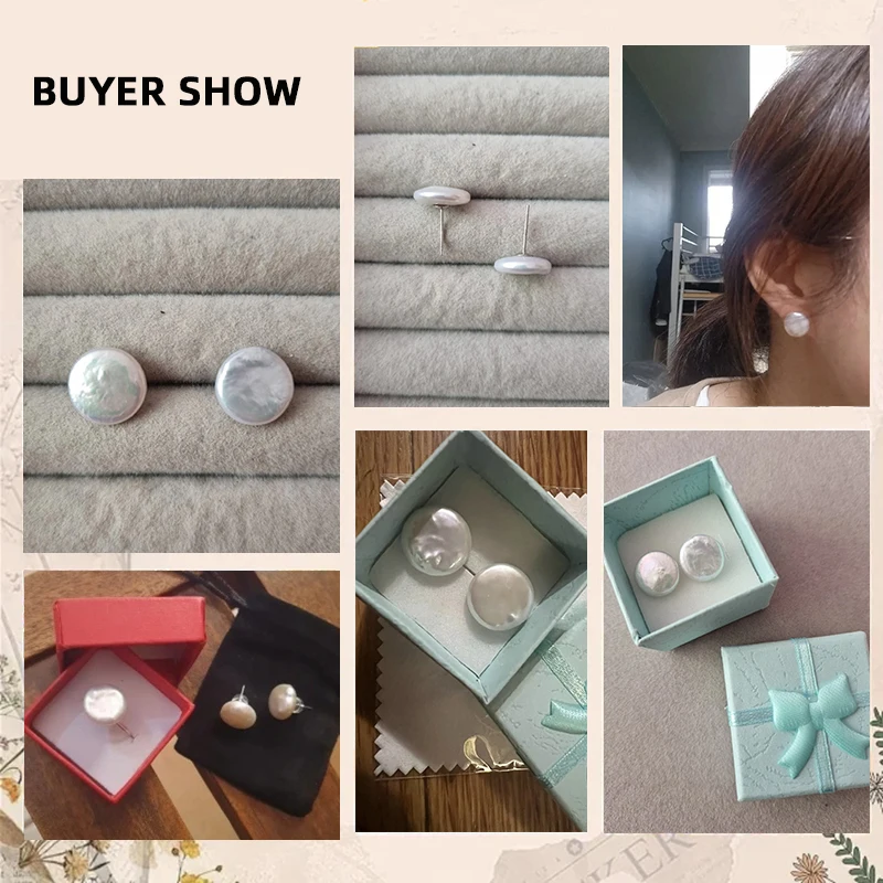 Women Big Baroque Button Pearl Earrings Freshwater Cultured Biwa Coin Pearls 925 Sterling Silver Mounts Stud Earrings Jewelry