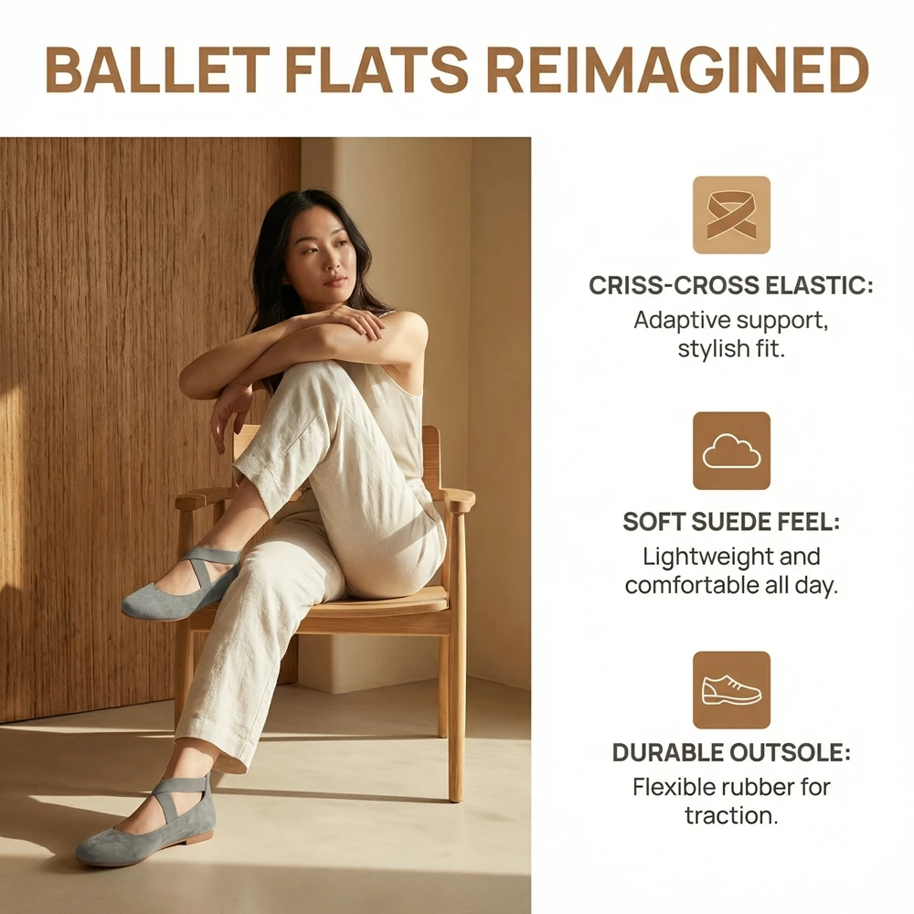 Women Mary Jane Flats Round Toe Ballet Shoes Elastic Cross Strap Comfortable Casual Flat Shoes Soft Suede Ladies Office Walking