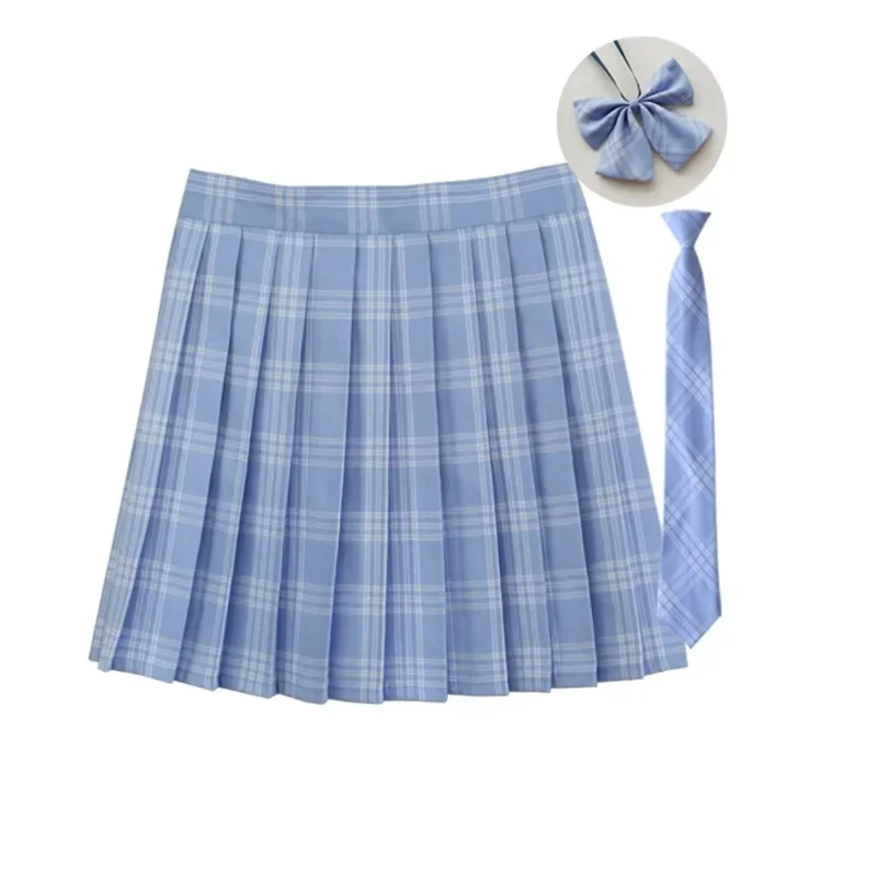 Women Summer Plaid Pleated Skirt With Necktie Bowtie Korean Jk Skirt Uniform Japanese School Preppy A Line Mini Skirts