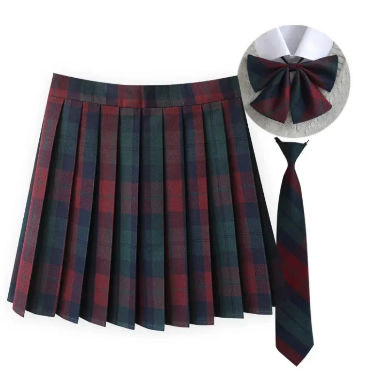 Women Summer Plaid Pleated Skirt With Necktie Bowtie Korean Jk Skirt Uniform Japanese School Preppy A Line Mini Skirts
