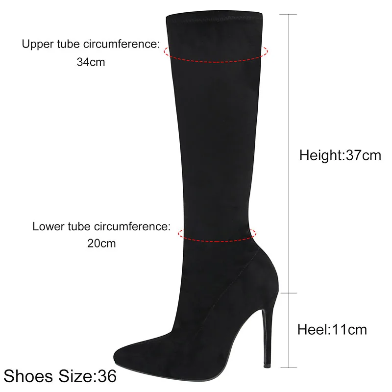 Women's Knee High Boots Black Sexy High Heels Shoes Side Zip Pointed Toe Boots Autumn Elasticity Mid Booties