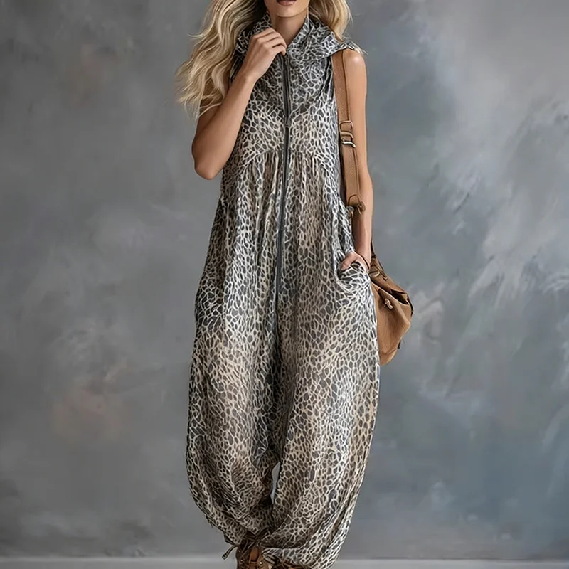 Women's Leopard Print Jumpsuit Summer Sleeveless V Neck Romper Hooded Oversize Casual Chiffon Vacation Beach Playsuit